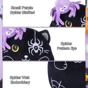 Halloween Plush Cat Stuffed Animals - Black Cats Plush Toys with Purple Spider, Cute Halloween Decor, Kids' Pillow, Gifts for Girls Boys, 8 Inch