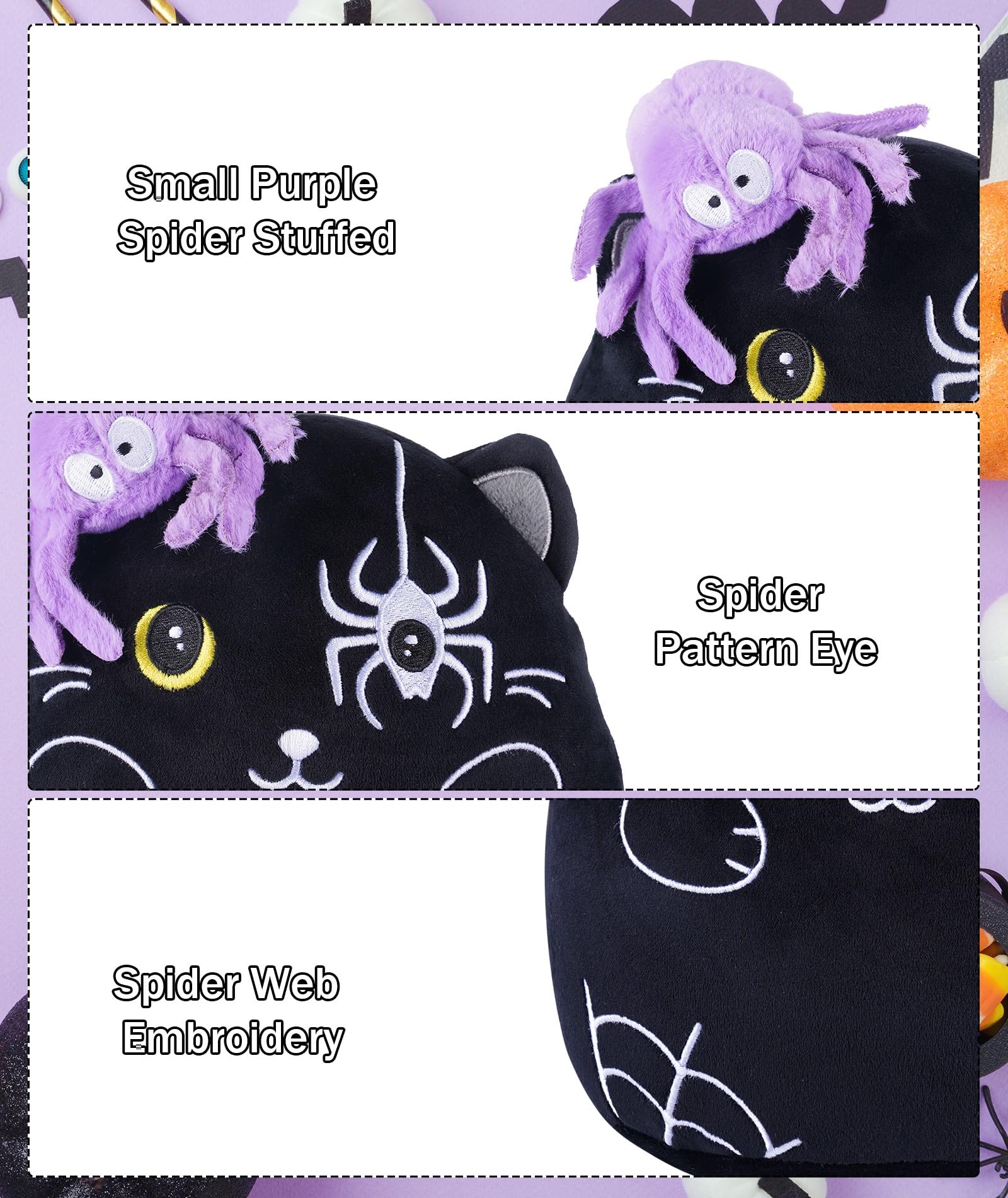 Halloween Plush Cat Stuffed Animals - Black Cats Plush Toys with Purple Spider, Cute Halloween Decor, Kids' Pillow, Gifts for Girls Boys, 8 Inch