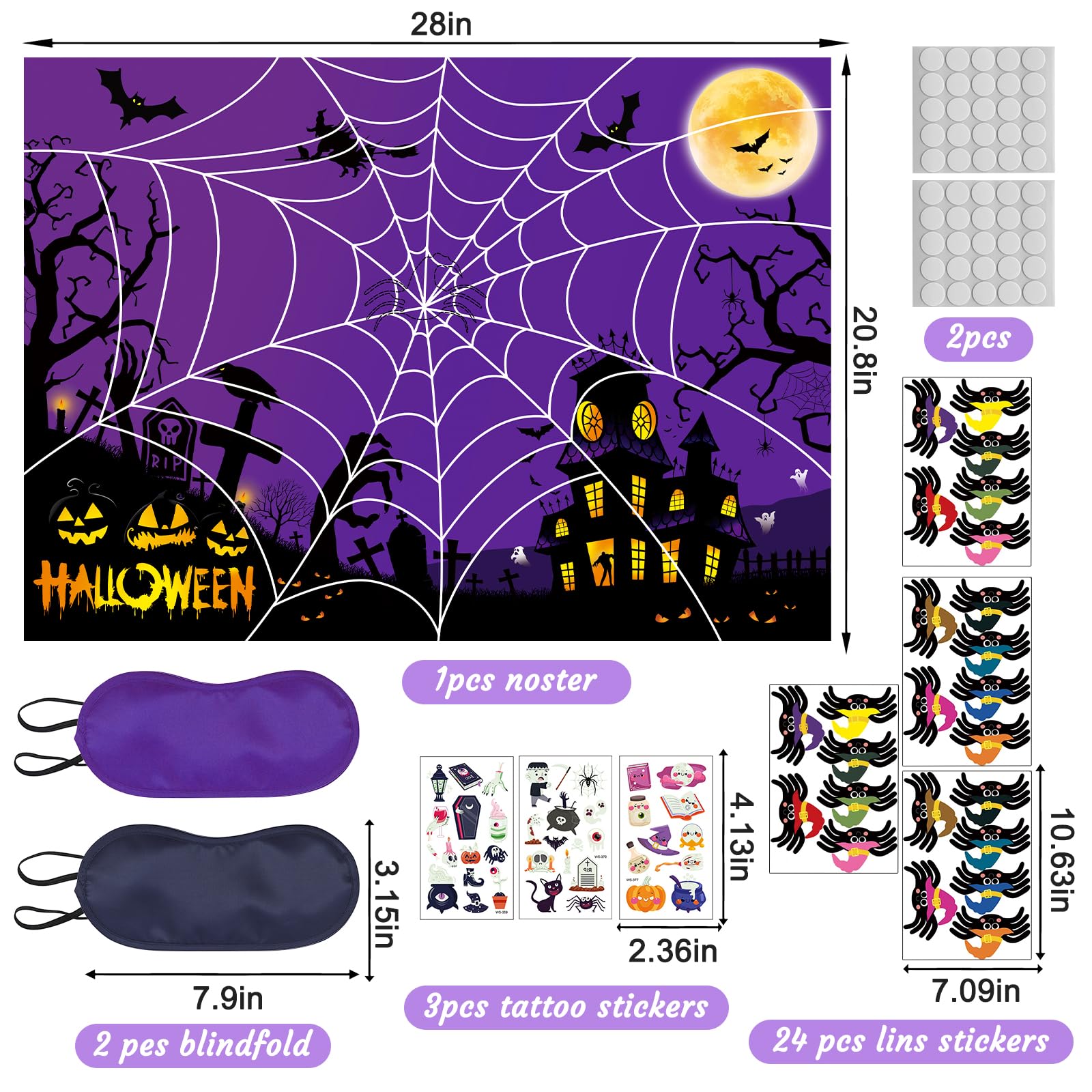 Bolake Halloween Party Games Halloween Pin The Tail Games for Kids Halloween Pin The Spider On The Web Game Include Night Glow Tattoo Stickers Poster Eye Masks Stickers Halloween Party Favors