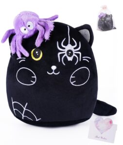 halloween plush cat stuffed animals - black cats plush toys with purple spider, cute halloween decor, kids' pillow, gifts for girls boys, 8 inch