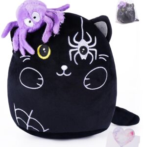 Halloween Plush Cat Stuffed Animals - Black Cats Plush Toys with Purple Spider, Cute Halloween Decor, Kids' Pillow, Gifts for Girls Boys, 8 Inch