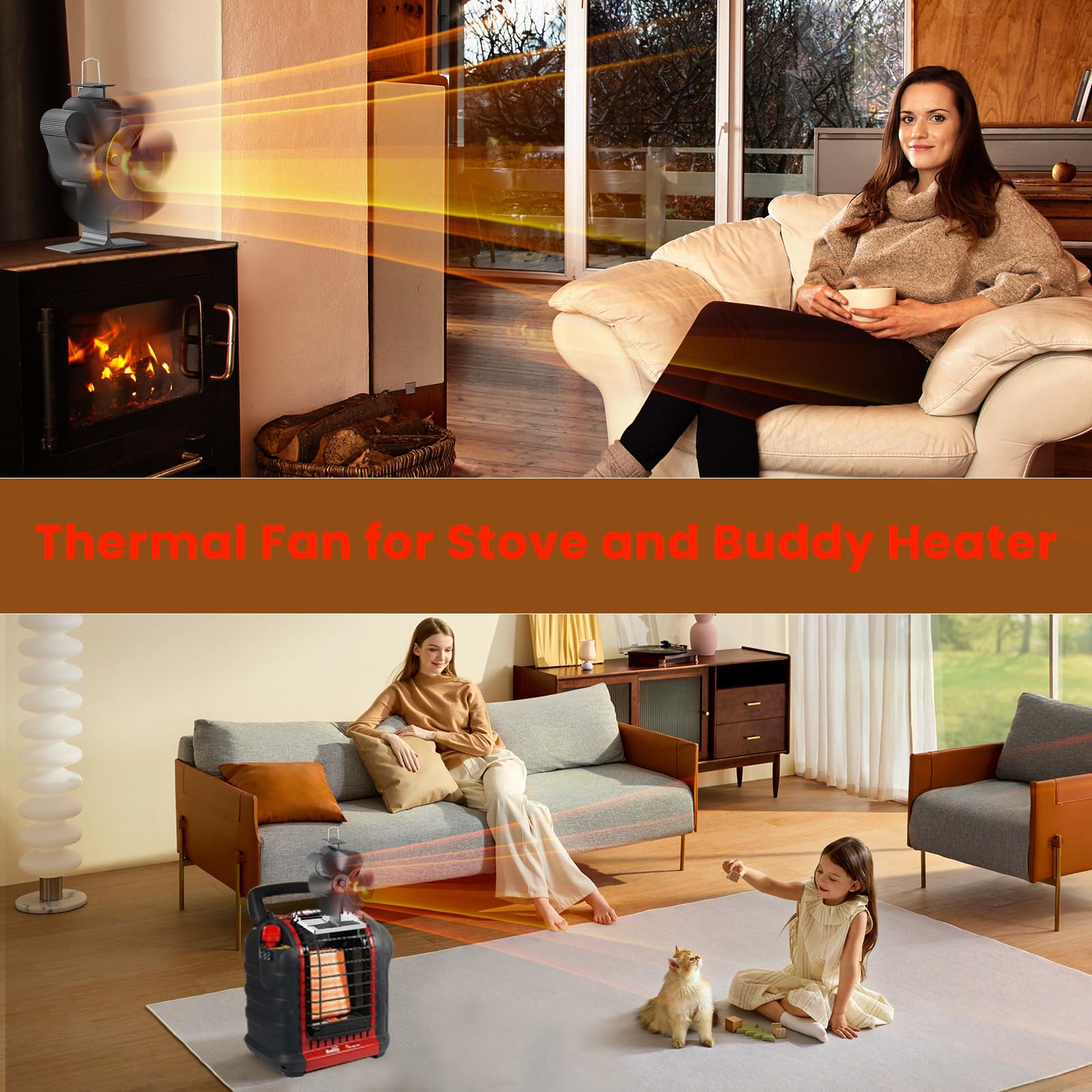 JossaColar Wood Stove Fan and Buddy Heater Fan Include Tray Bracket, Heat Powered Fireplace Fan for Outdoor Camping/Indoor Use