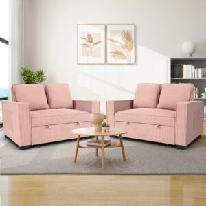 SEJOV 52" Convertible Sofa Bed, 3-in-1 Sleeper Sofa Pull-Out Bed, Multi-Functional Corduroy Futon Couch with Adjustable Backrest and Cup Holders, Loveseat Sofa for Small Space, Living Room, Pink