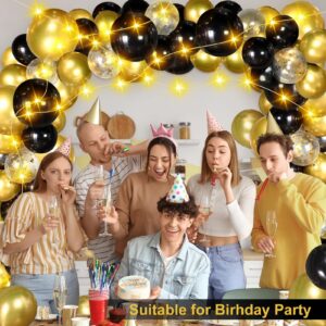 Black and Gold Balloons Garland Arch Kit with LED String Light, Black Gold Confetti Latex Balloons Cheers to Birthday Decorations Anniversary Retirement Graduation Party Decorations