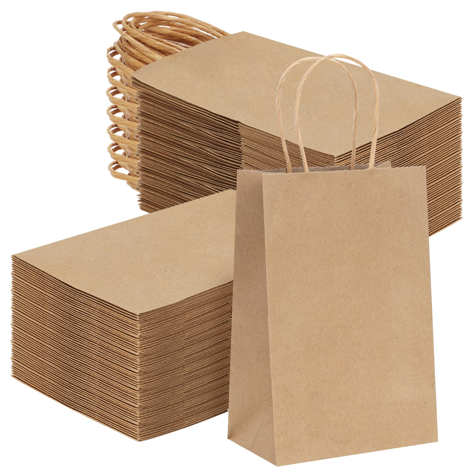 Moretoes 150pcs Paper Bags, 5.25x3.2x8 Inches Kraft Paper Bags, Small Brown Gift Bags with Handles Bulk, Retail Bags for Small Business, Shopping, Merchandise, Birthday Wedding Party Favor Bags