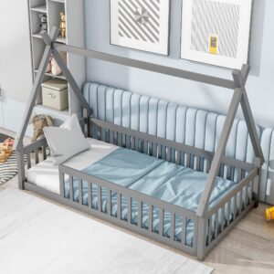 DreamBuck Twin Size Toddler Floor Bed, Montessori Floor Bed with Fence and Safety Guardrails, Solid Pine Tent-Shaped Floor Bed Frame for Kids Toddlers Girls Boys, Wood Slat Support, Grey