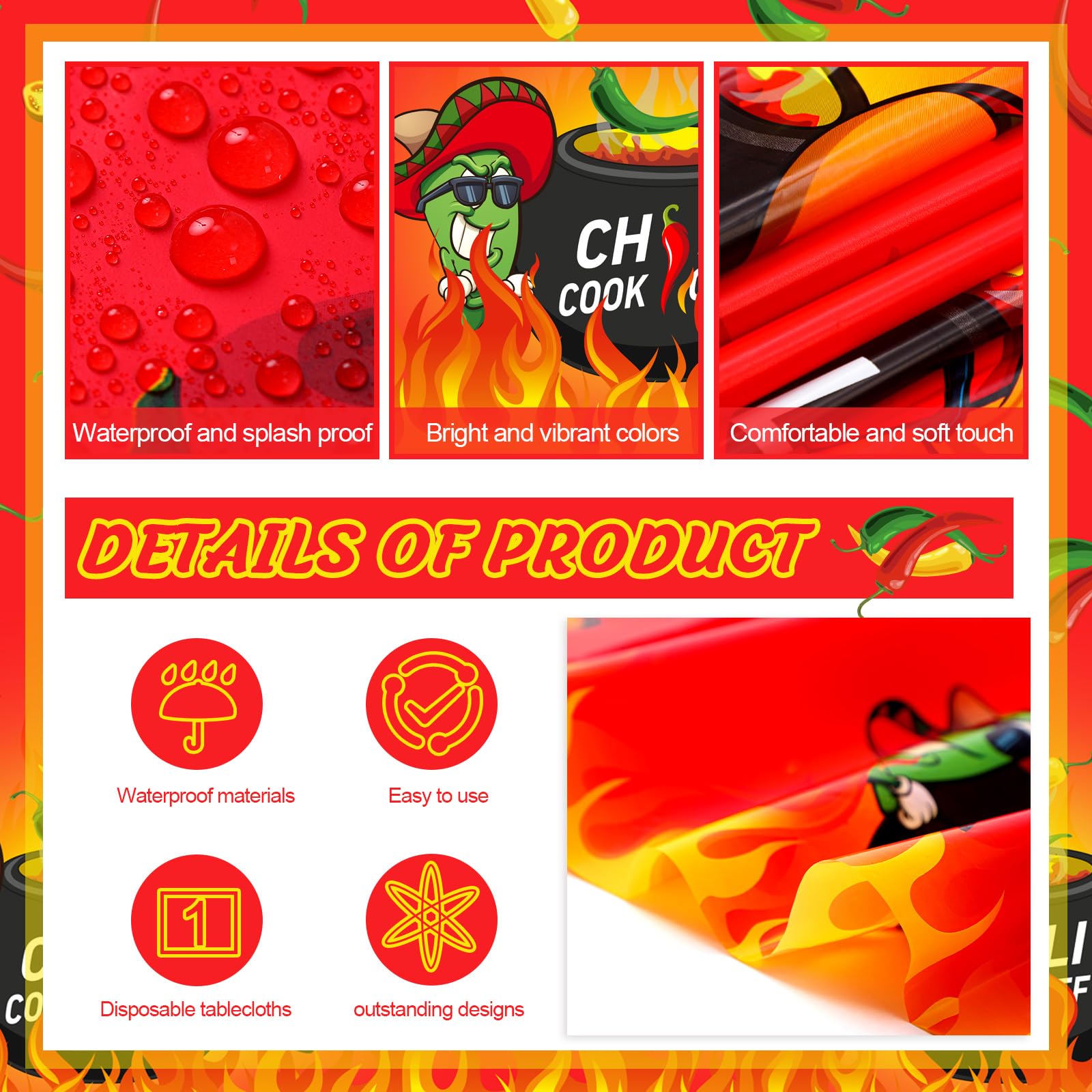 Oudain 3 Pcs Plastic Chili Cook Off Tablecloths, Chili Pepper Party Favor Supplies, Disposable Cinco De Mayo Chili Pepper Hot Flame Tablecover for Mexican Theme Cooking Party Decor, 108 x 54 Inch