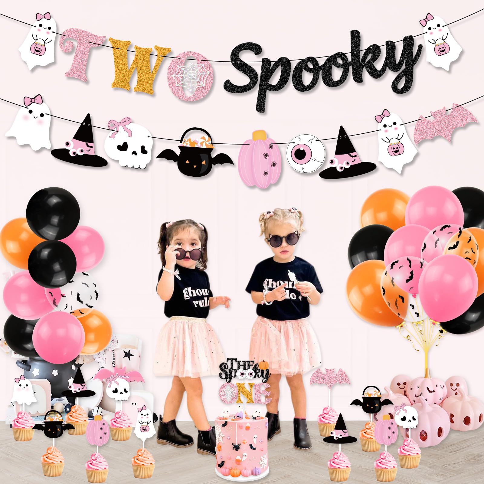 K KUMEED Pink Halloween 2nd Birthday Decorations,Two Spooky Themed Banner,Cute Ghost Eyeballs Hat Cake Topper and Latex Balloons for Girls Halloween 2 Year Old Party Supplies