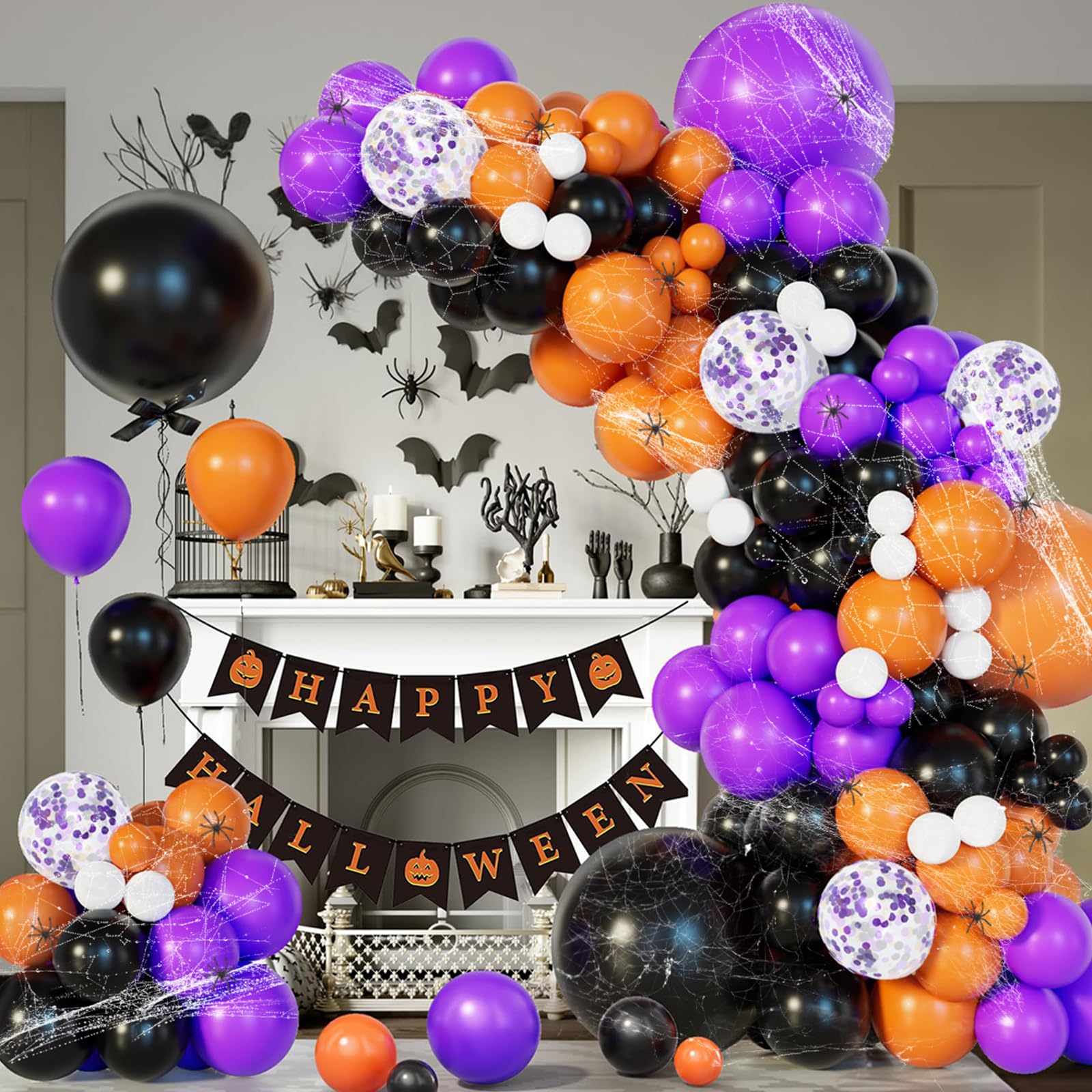 152Pcs Halloween Balloons Arch Garland Kit, Orange Purple and Black Balloon with Halloween Spider Web, Spiders for Halloween Birthday decor Supplies Cute Halloween Party Decorations