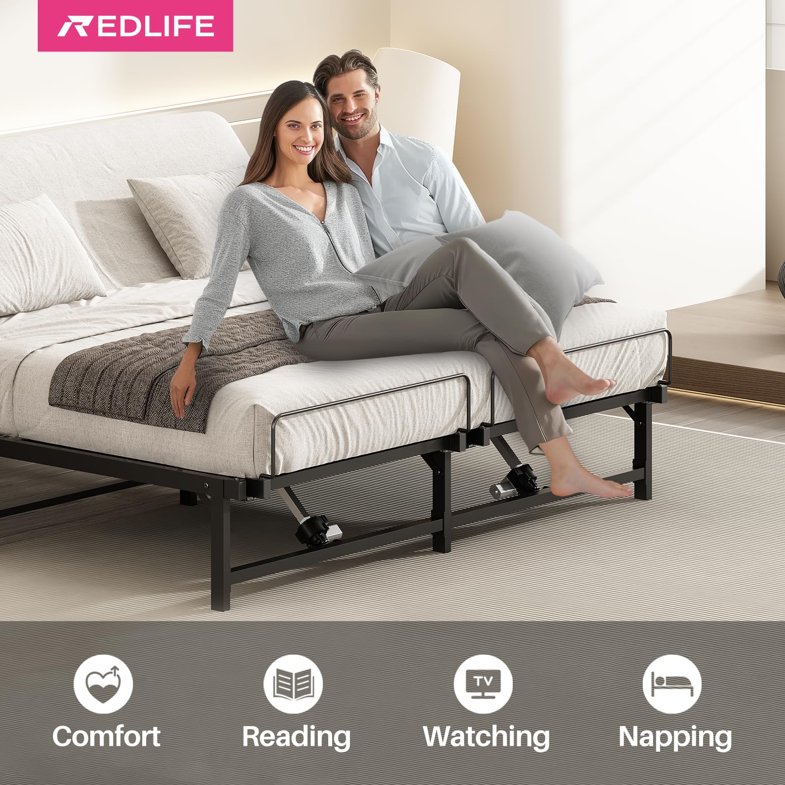 Redlife Queen Adjustable Bed Frame, Electric Bed Base with Wired Remote Control for Queen Mattress, Independent Head and Foot Incline, Powerful 4 Quiet Motor for Bedroom, Hospital, Easy Assembly