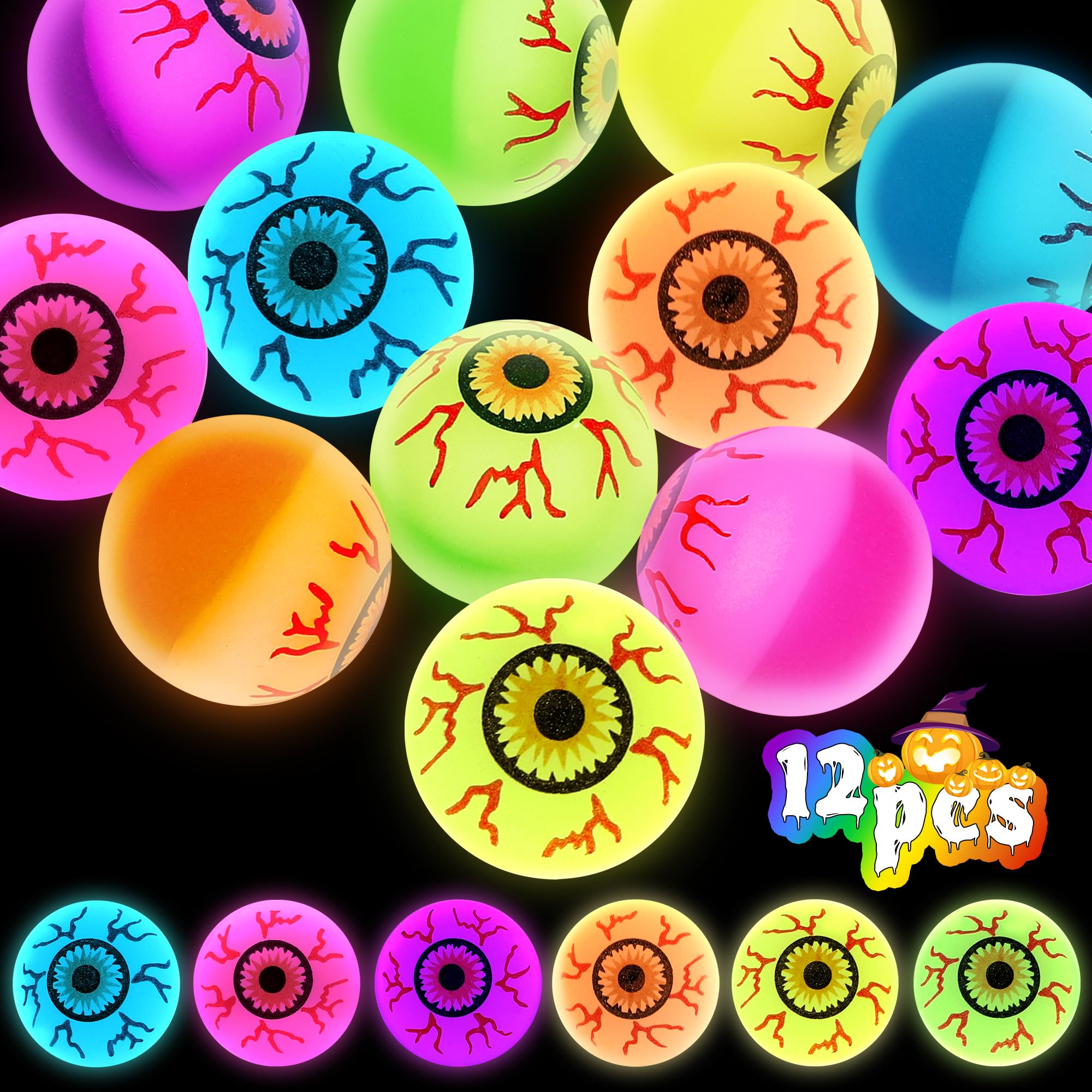 12PCS Halloween Party Favors, Glowing Bouncy Balls, Rubber Halloween Toys for Trick or Treat, 30mm Halloween Eyeballs in 6 Designs for Kids Adults Halloween Goodie Bag Stuffers Party Present Decor