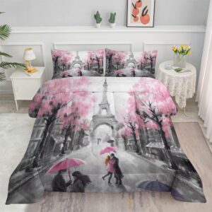 EDGZKO Paris Bedroom Comforter Set: Queen Size Eiffel Tower Bedding Sets Pink and Grey French Style Romantic Bed Set for Teen Girls Women Soft Quilt Sets 1 Comforter & 2 Pillowcases