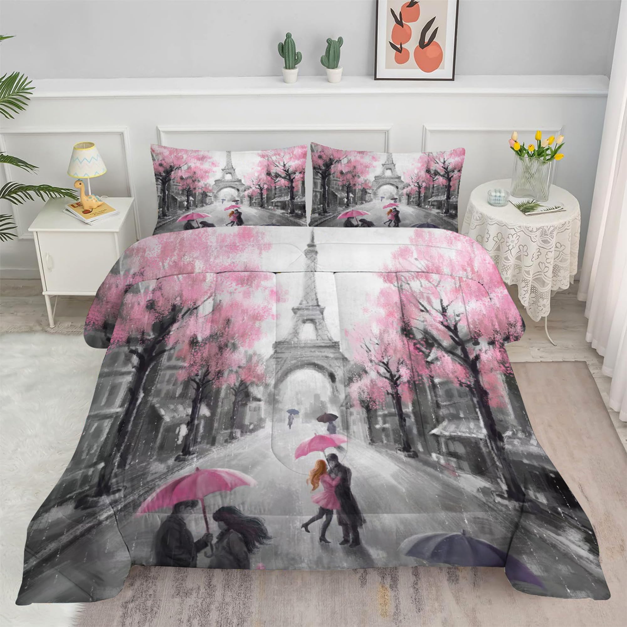 EDGZKO Paris Bedroom Comforter Set: Queen Size Eiffel Tower Bedding Sets Pink and Grey French Style Romantic Bed Set for Teen Girls Women Soft Quilt Sets 1 Comforter & 2 Pillowcases