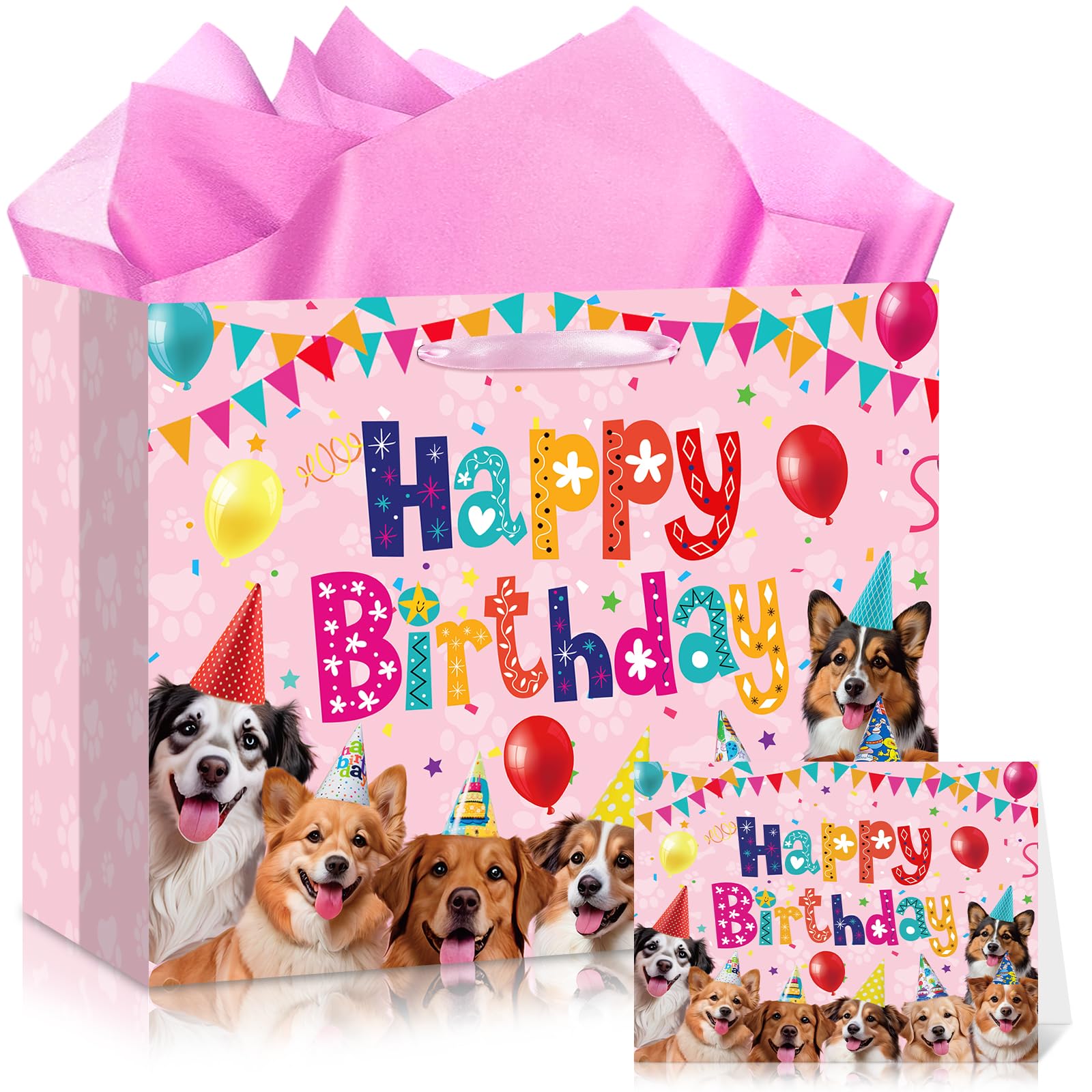 Dog Birthday Gift Bag Pink Puppy Gift Bags with Tissue Paper and Greeting Card Paw Print Wrapping Paper Large Dog Goodies Bags for Pet Dog Birthday Christmas Party and Dog Lovers Birthday Decorations