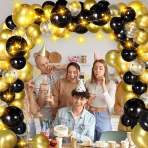 black and gold balloons garland arch kit with led string light, black gold confetti latex balloons cheers to birthday decorations anniversary retirement graduation party decorations