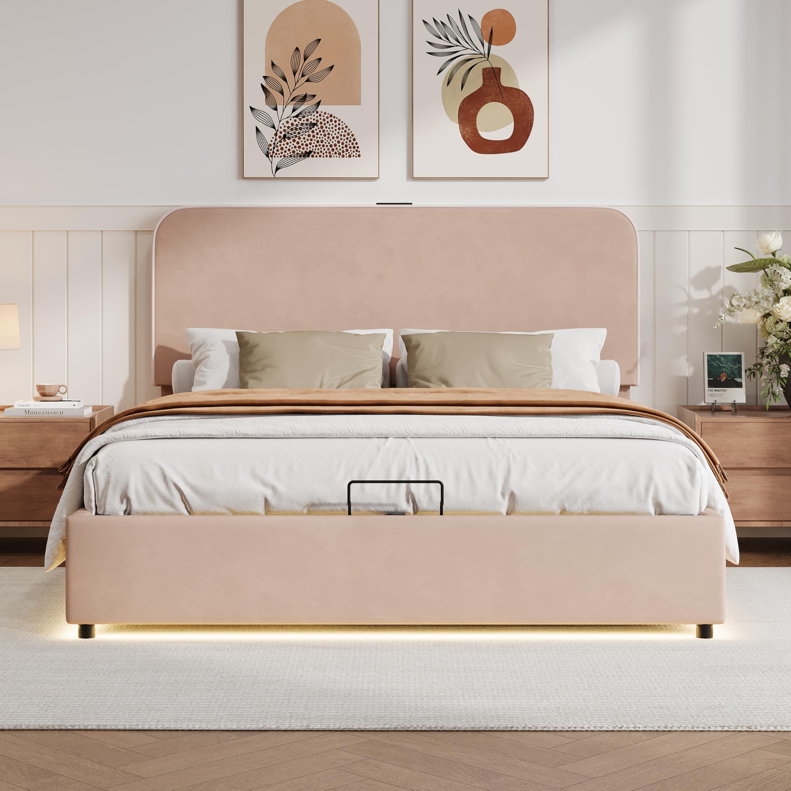 Merax Full Size Lift Up Storage Bed with RGB LED Light & Bluetooth Speaker, Lychee Velvet Upholstered Platform, No Box Spring Needed, Pink