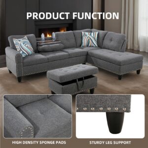 GlasFlength L Shaped Sofa with Ottoman Modern Sectional Couches for Living Room, Bedroom, Office, Grey-Belt Cup Holder