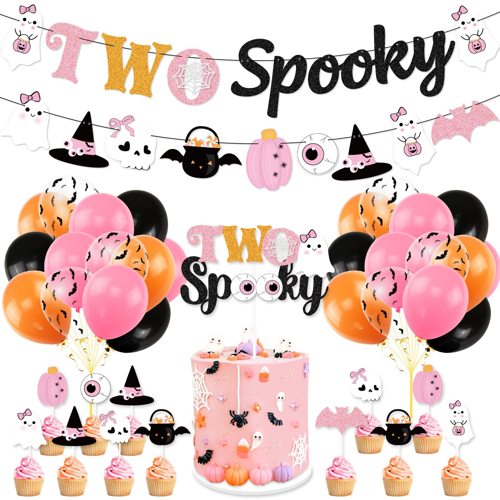 K KUMEED Pink Halloween 2nd Birthday Decorations,Two Spooky Themed Banner,Cute Ghost Eyeballs Hat Cake Topper and Latex Balloons for Girls Halloween 2 Year Old Party Supplies