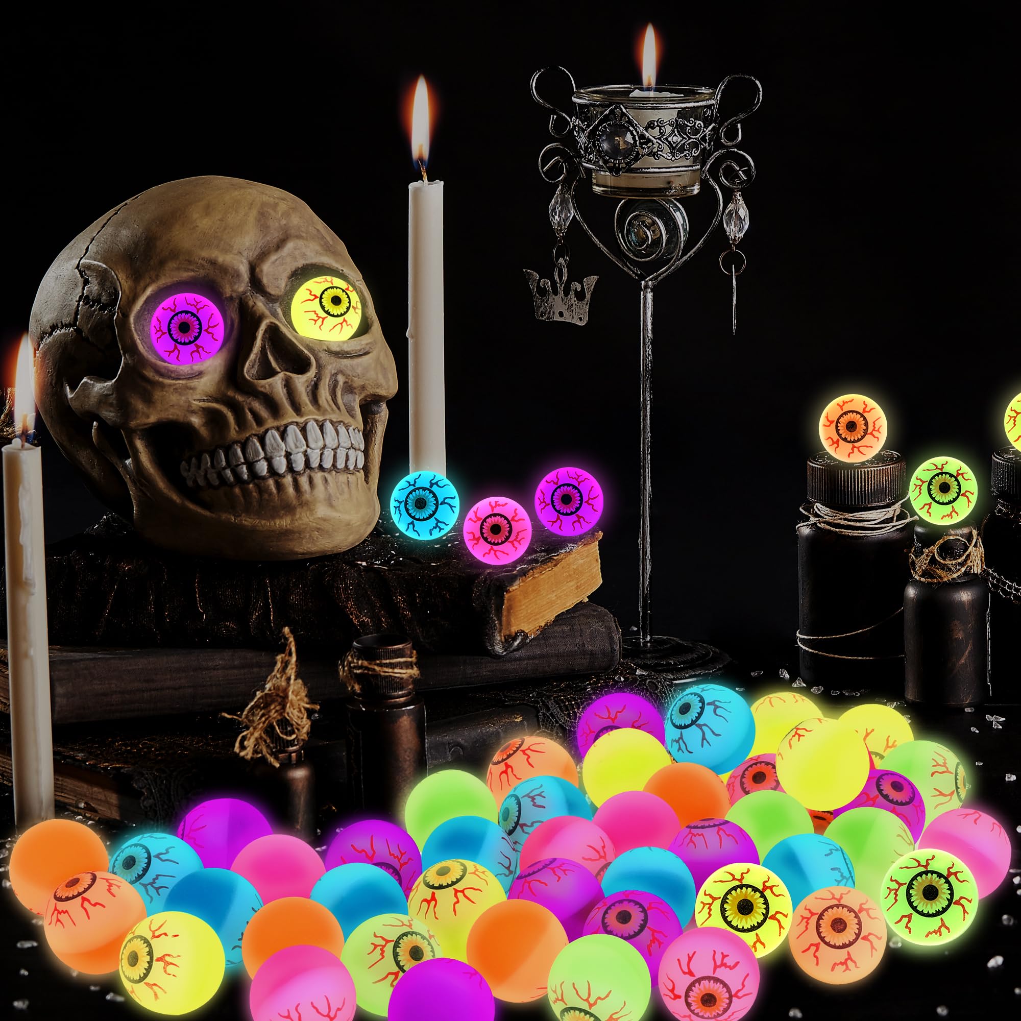 12PCS Halloween Party Favors, Glowing Bouncy Balls, Rubber Halloween Toys for Trick or Treat, 30mm Halloween Eyeballs in 6 Designs for Kids Adults Halloween Goodie Bag Stuffers Party Present Decor