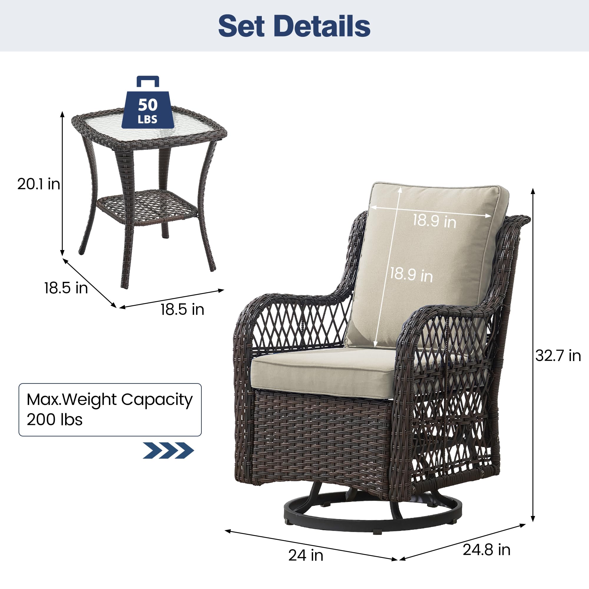 GarveeLife 3 Pieces Outdoor Swivel Rocker Chair Set, Outdoor Swivel Glider Rocker, Outdoor Rocking Chair Set with Glass Top Table with Thick Cushions for Backyard, Balcony, Deck