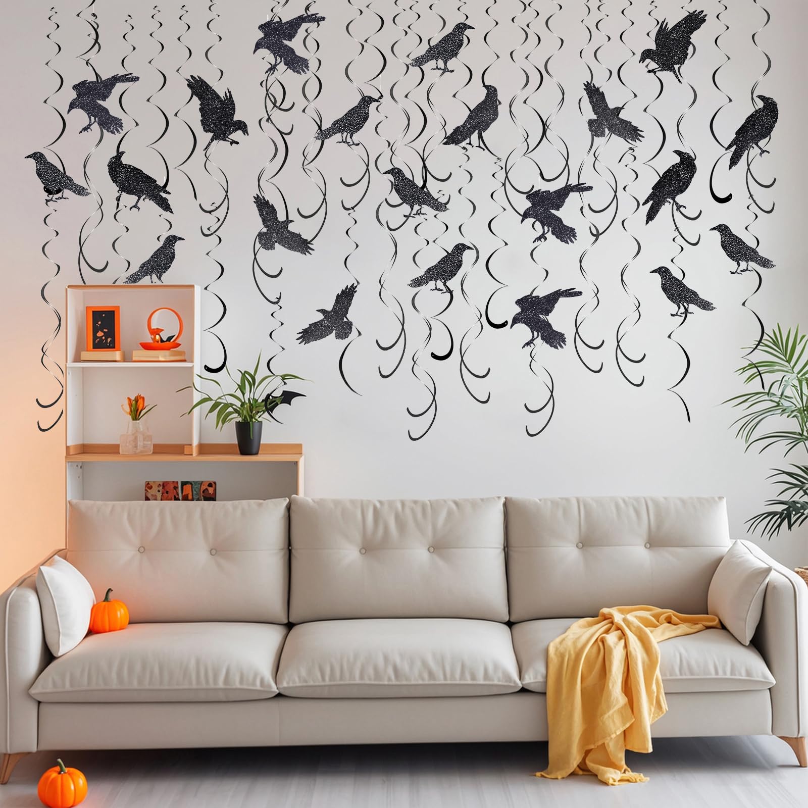 hoyuwak 48 Pcs Halloween Hanging Swirl Decorations Black Crow Ceiling Spiral Ornament Raven Swirl Party Decor for Halloween Horror Theme Party Supplies