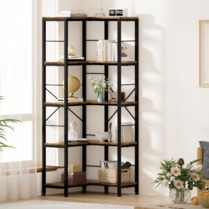 Gujiam 5-Tier Corner Bookshelf, 70.86" Tall Corner Bookcase,5-Shelf Industrial L-Shaped Coner Shelf with Metal Frame for Home Office,Living Room,Bed Room(Rustic Brown)