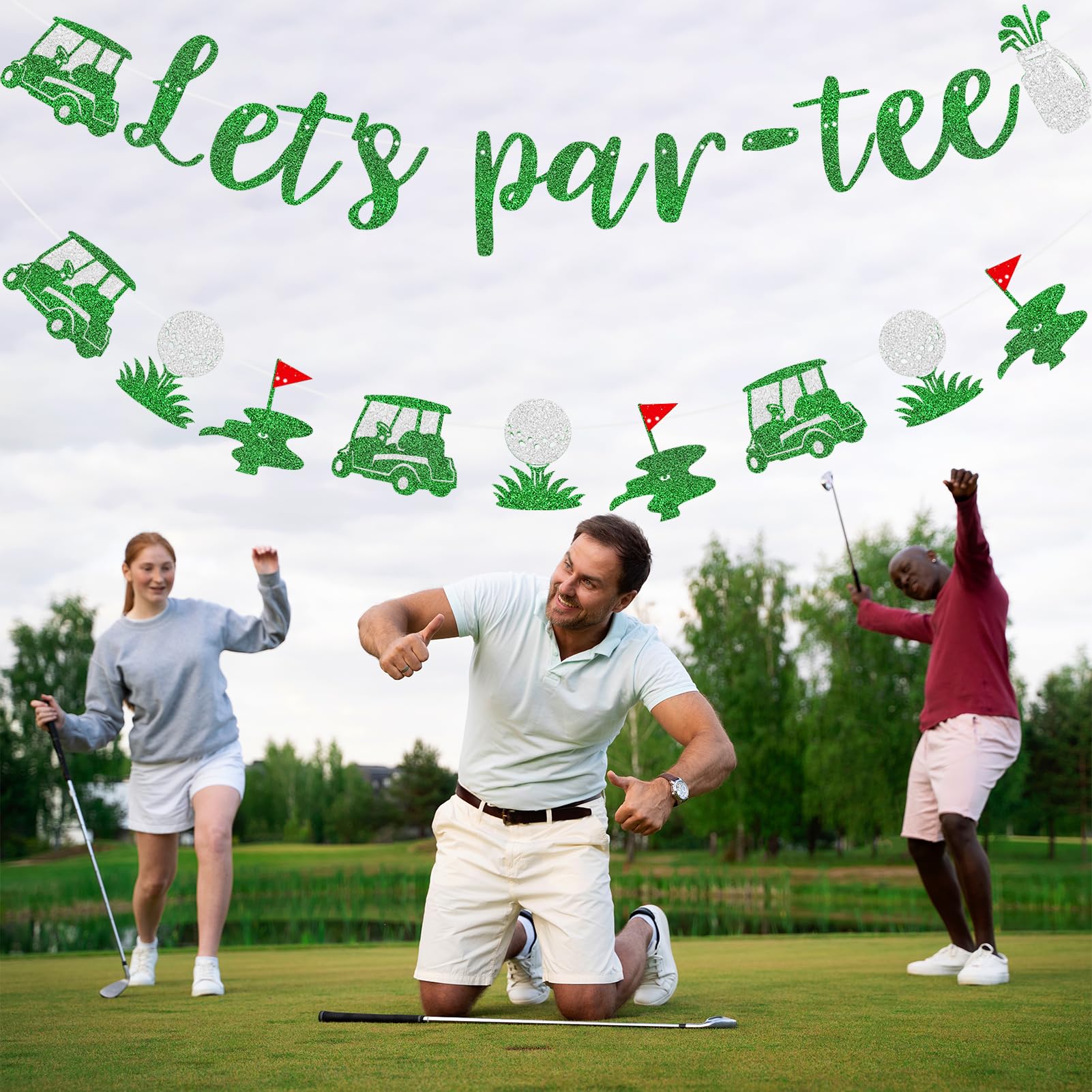 Generic Let's Par Tee Banner, Tee Banner Golf Themed Birthday Party Decoration, Golf Themed Retirement Party Decorations，Green Glitter