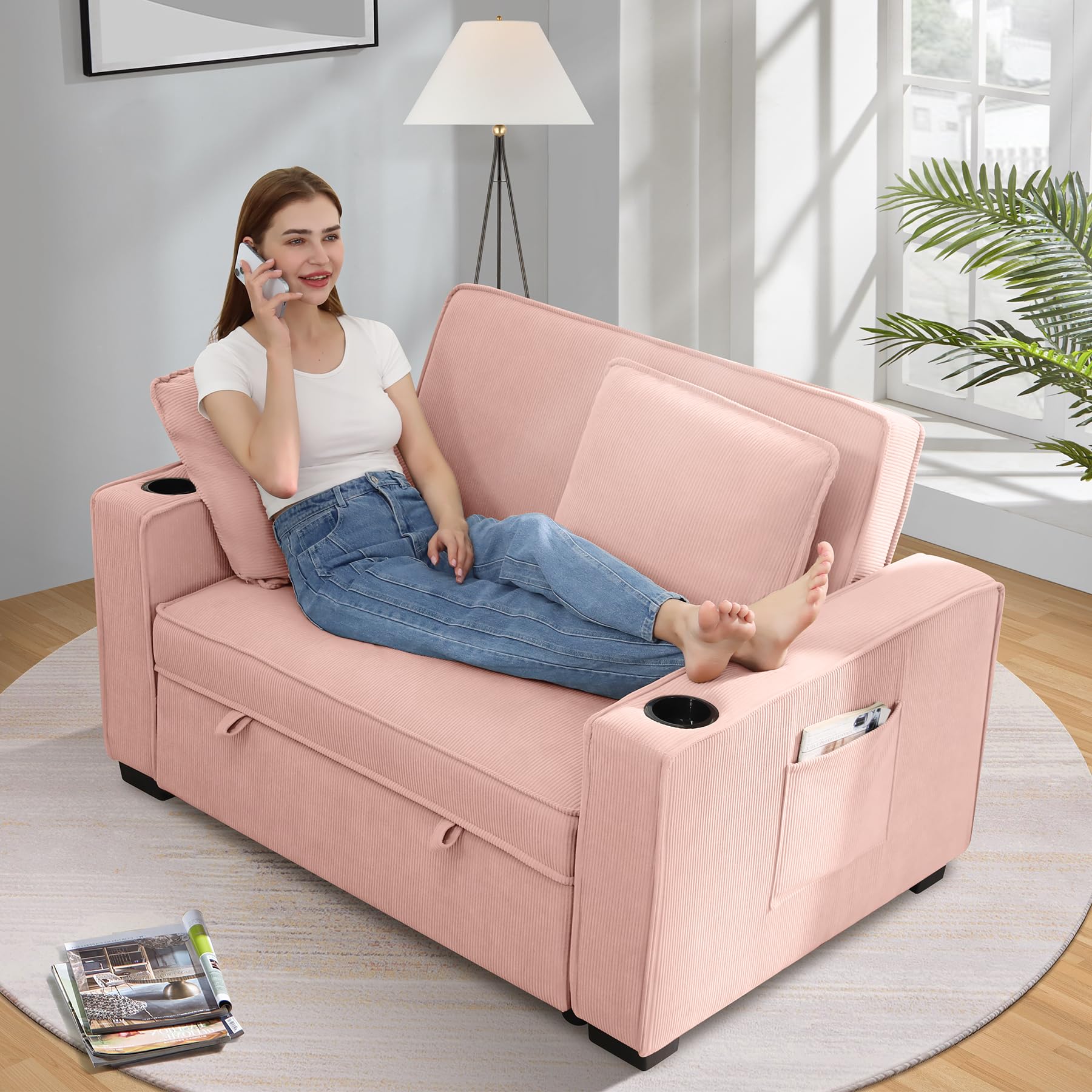 SEJOV 52" Convertible Sofa Bed, 3-in-1 Sleeper Sofa Pull-Out Bed, Multi-Functional Corduroy Futon Couch with Adjustable Backrest and Cup Holders, Loveseat Sofa for Small Space, Living Room, Pink