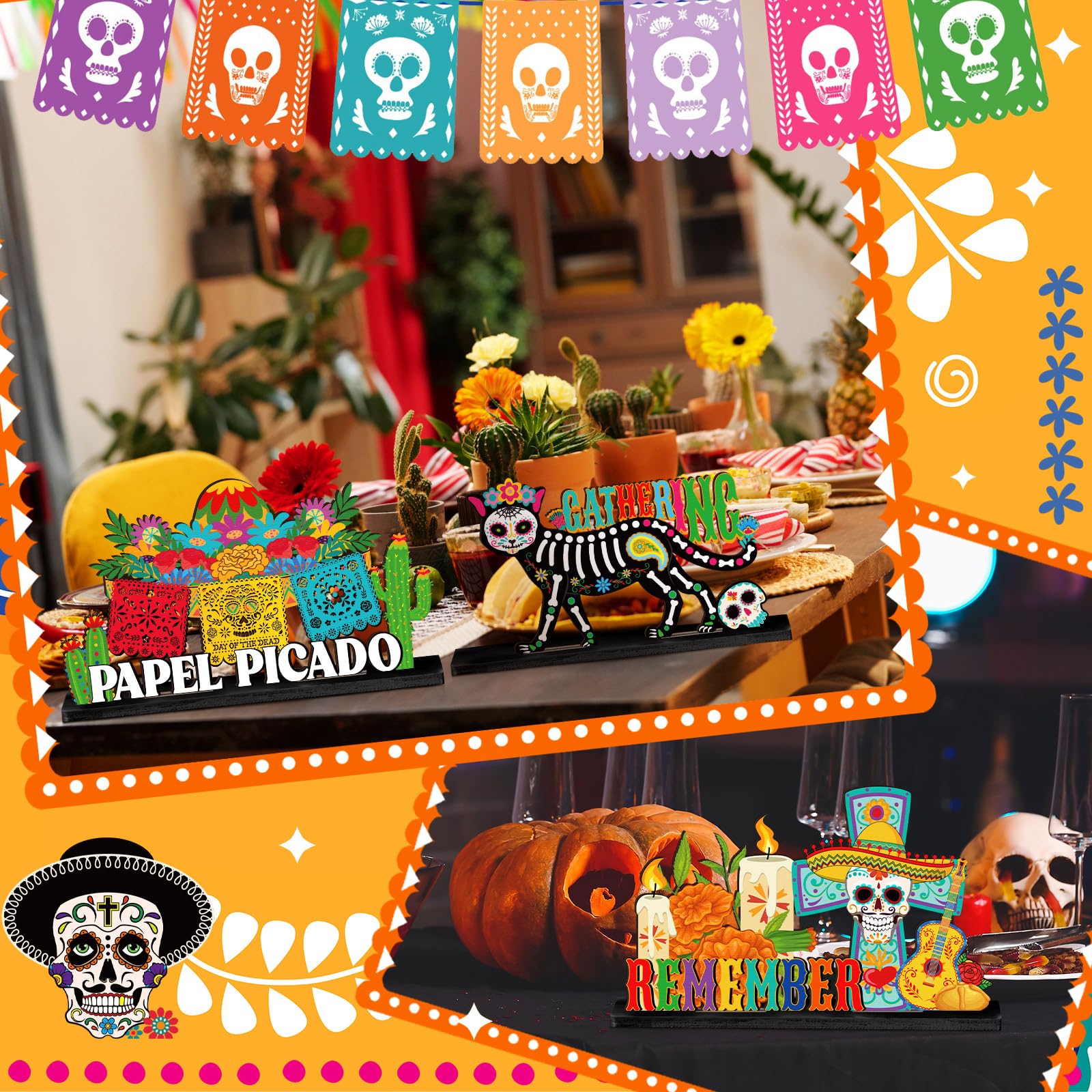 Wonderjune 6 Pcs Day of The Dead Table Decorations Dia De Los Muertos Altar Wooden Centerpiece Sugar Skull Decor Day of The Dead Decor Mexican Tabletop Detachable Sign for Halloween Party Supplies