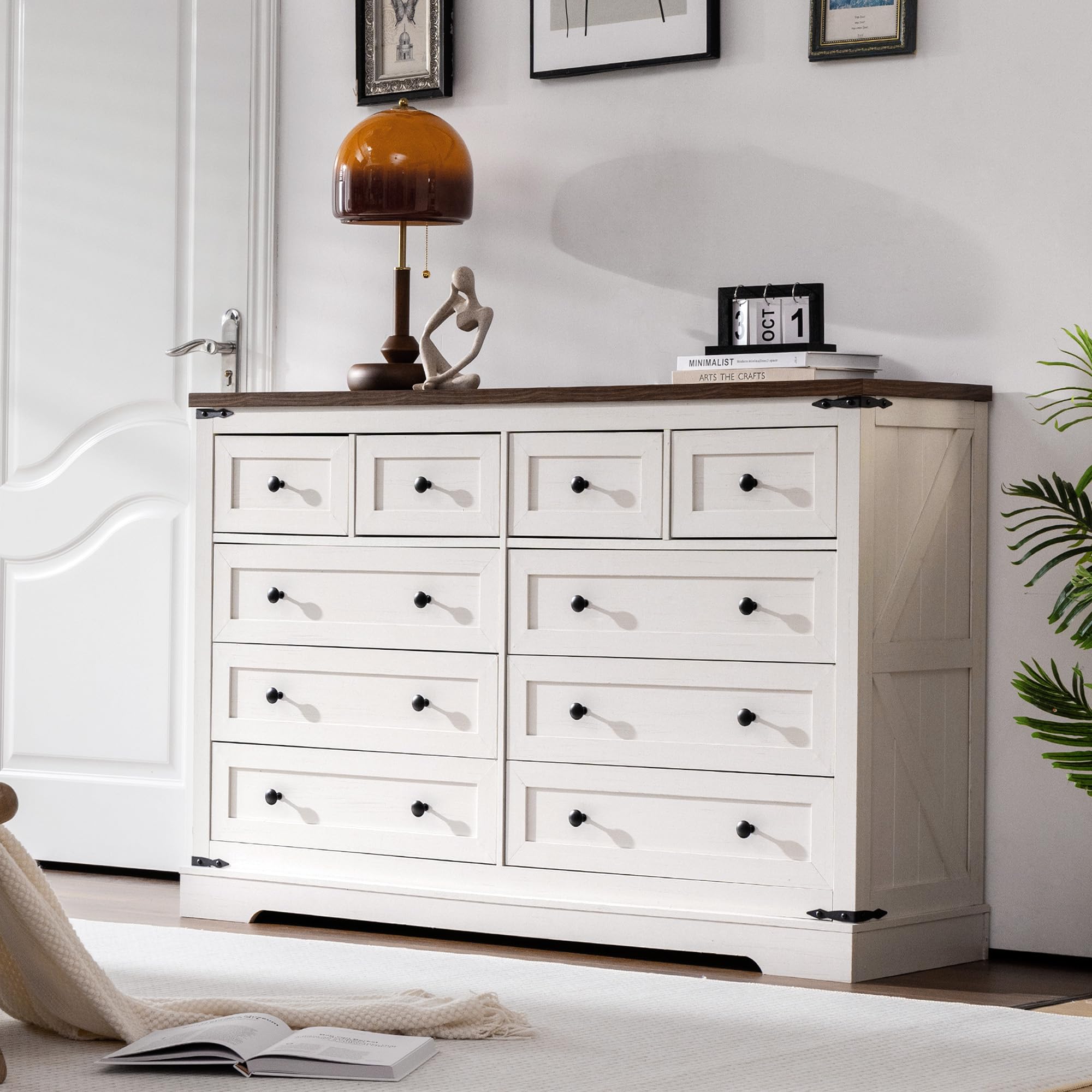 EnHomee White Dresser,10 Drawer Dresser for Bedroom, 55" Wide Dressers & Chest of Drawers for Bedroom,Hallway, Antique White,15" D x 55" W x 35.6" H