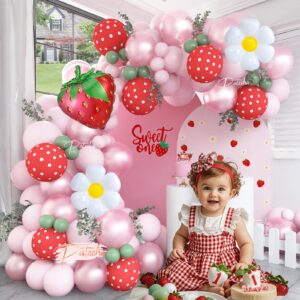 Pateeha Strawberry Balloon Arch Kit 12ft, Berry First Birthday Decor, Foil Daisy Balloons Strawberry Balloons Garland Kit for Strawberry Baby Shower Decorations