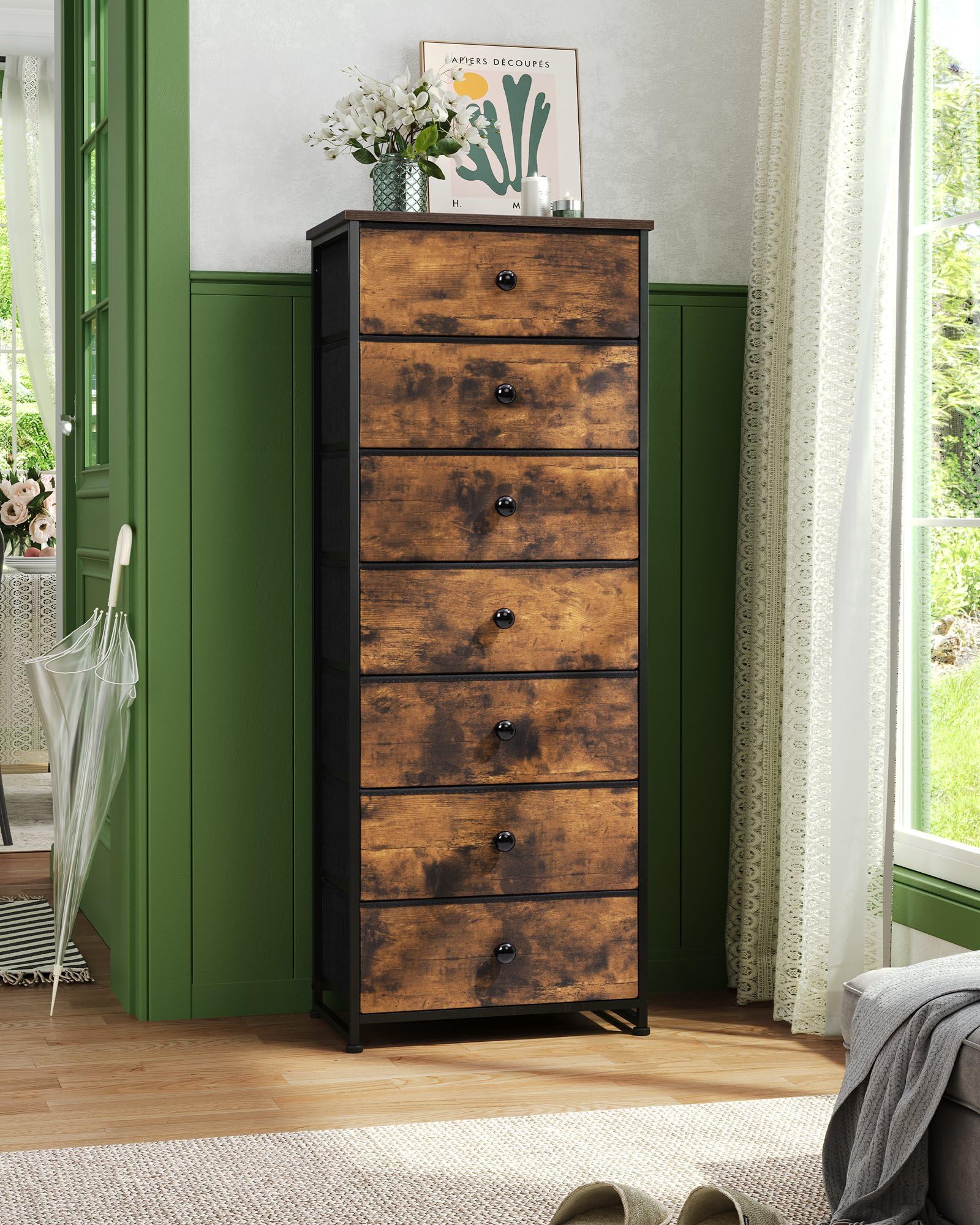 Crestlive Products Tall Dresser, 7-Drawer Fabric Storage Tower, Chests of Drawers - Vertical Organizer Unit for Bedroom, Hallway, Entryway, Nursery, Closets -Wood Top & Handles (Rustic Brown)