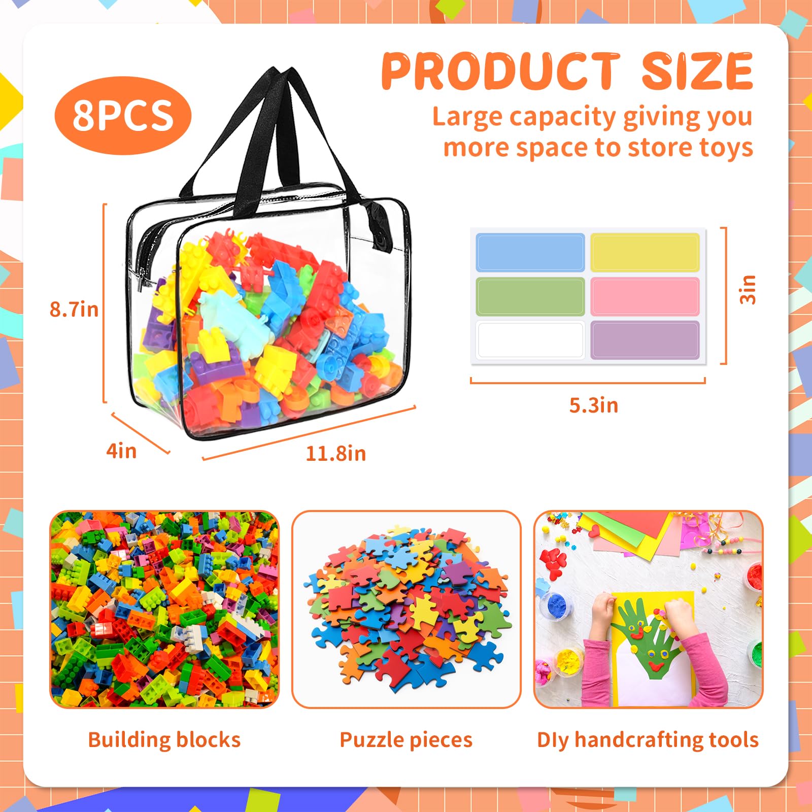 8 Packs Large Toy Storage Bags with Zipper and Labels, Clear PVC Waterproof Toy Organizers Bags for Board Games, Puzzles Pieces, Building Blocks, Handmade Accessories, Kid Books