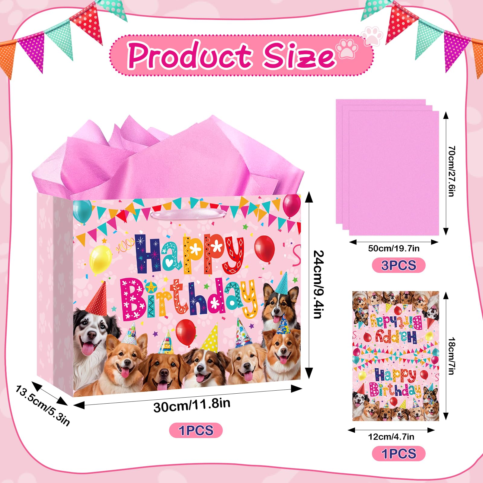 Dog Birthday Gift Bag Pink Puppy Gift Bags with Tissue Paper and Greeting Card Paw Print Wrapping Paper Large Dog Goodies Bags for Pet Dog Birthday Christmas Party and Dog Lovers Birthday Decorations