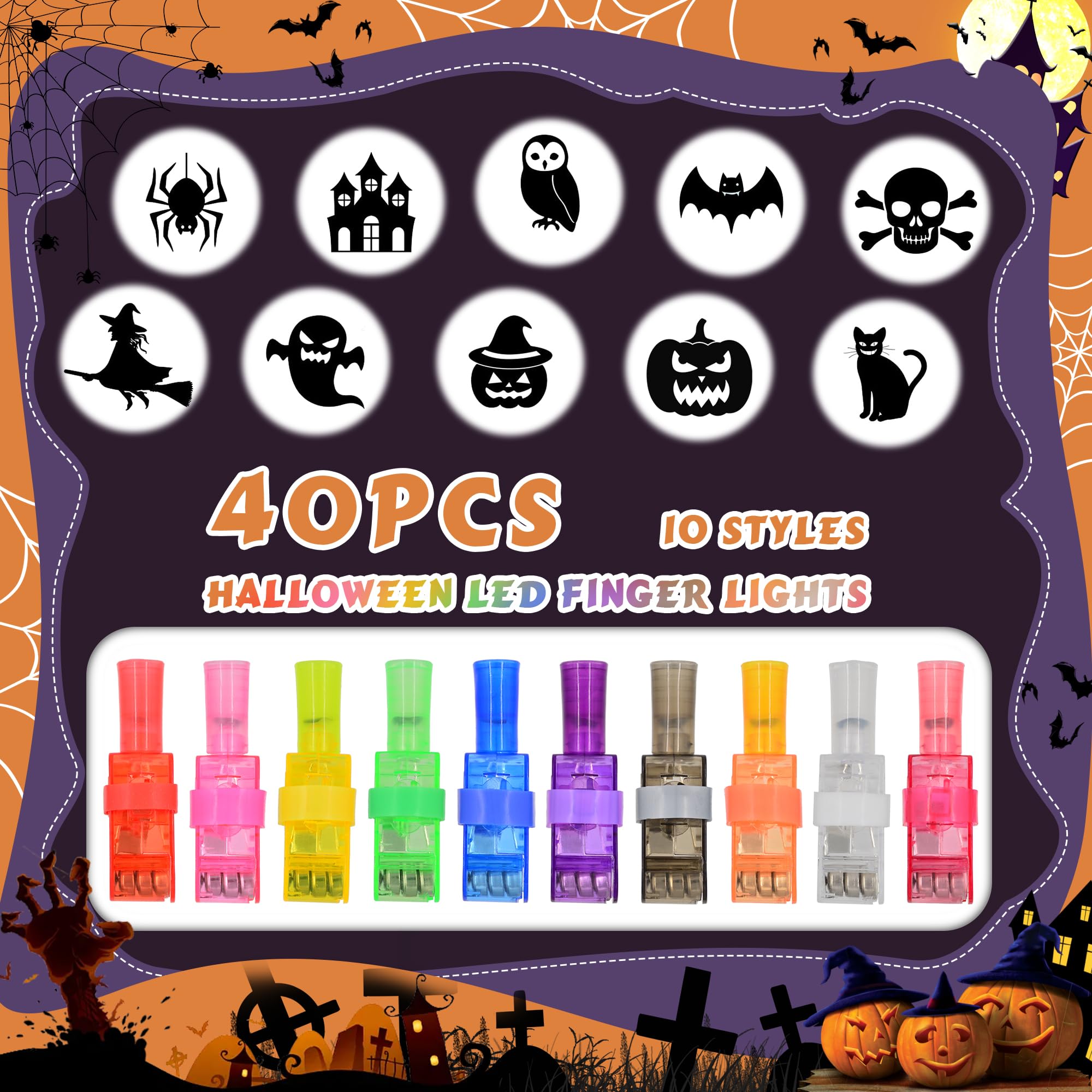 40Pcs Halloween Party Favors Finger Lights, Halloween Toys Light Up Bulk for Kids, Halloween Goodie Bag Fillers Basket Stuffers Halloween Treats Non Candy Party Favor Bags Classroom Prizes Supplies