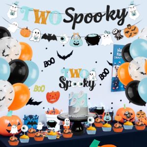 K KUMEED Halloween 2nd Birthday Party Decorations,Blue Two Spooky Themed Banner,Cute Ghost Eyeballs Hat Cake Topper and Latex Balloons for Halloween 2 Year Old Boys Party Favor Supplies