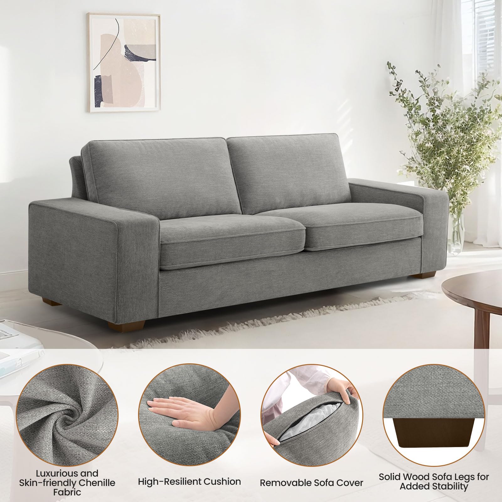 Wichvens 88.58" Oversized Loveseat Sofa for Living Room,Plush Chenille Modern Sofas & Couches with Wide Armrest，Solid Wood Leg and Removable Sofa Cushion,Easy to Install(Light Grey)