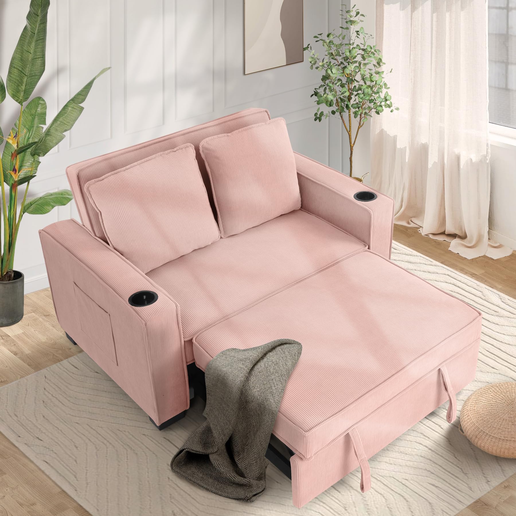 SEJOV 52" Convertible Sofa Bed, 3-in-1 Sleeper Sofa Pull-Out Bed, Multi-Functional Corduroy Futon Couch with Adjustable Backrest and Cup Holders, Loveseat Sofa for Small Space, Living Room, Pink