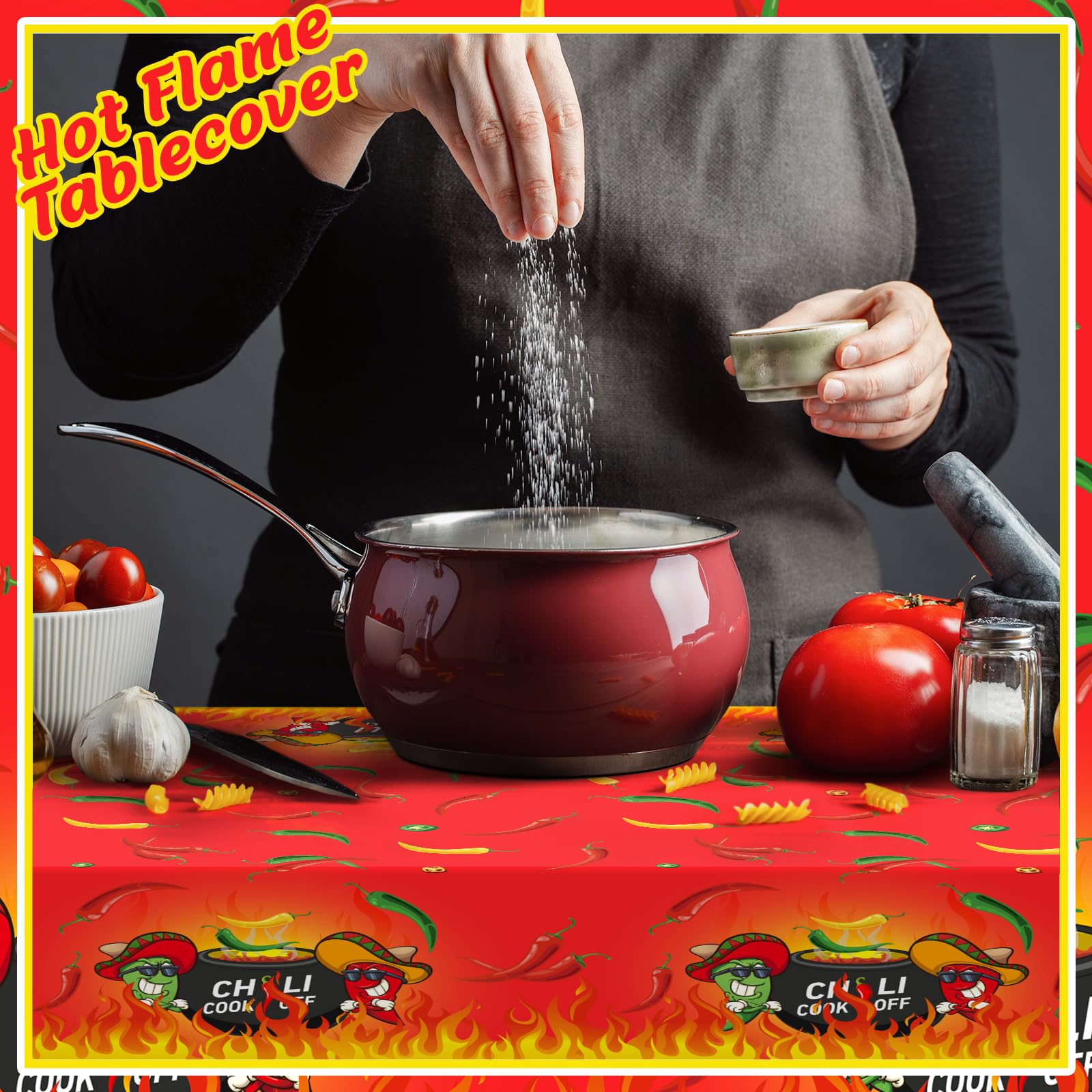 Oudain 3 Pcs Plastic Chili Cook Off Tablecloths, Chili Pepper Party Favor Supplies, Disposable Cinco De Mayo Chili Pepper Hot Flame Tablecover for Mexican Theme Cooking Party Decor, 108 x 54 Inch