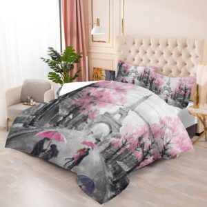 EDGZKO Paris Bedroom Comforter Set: Queen Size Eiffel Tower Bedding Sets Pink and Grey French Style Romantic Bed Set for Teen Girls Women Soft Quilt Sets 1 Comforter & 2 Pillowcases