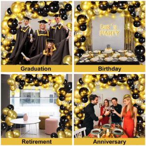 Black and Gold Balloons Garland Arch Kit with LED String Light, Black Gold Confetti Latex Balloons Cheers to Birthday Decorations Anniversary Retirement Graduation Party Decorations