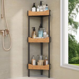 thideewiz corner shower caddy standing, 3 tier shower organizer, wood bathroom stand up caddy basket for shampoo,with adjustable feet & 4 hooks,standing tall floor shower shelf and bathroom organizer