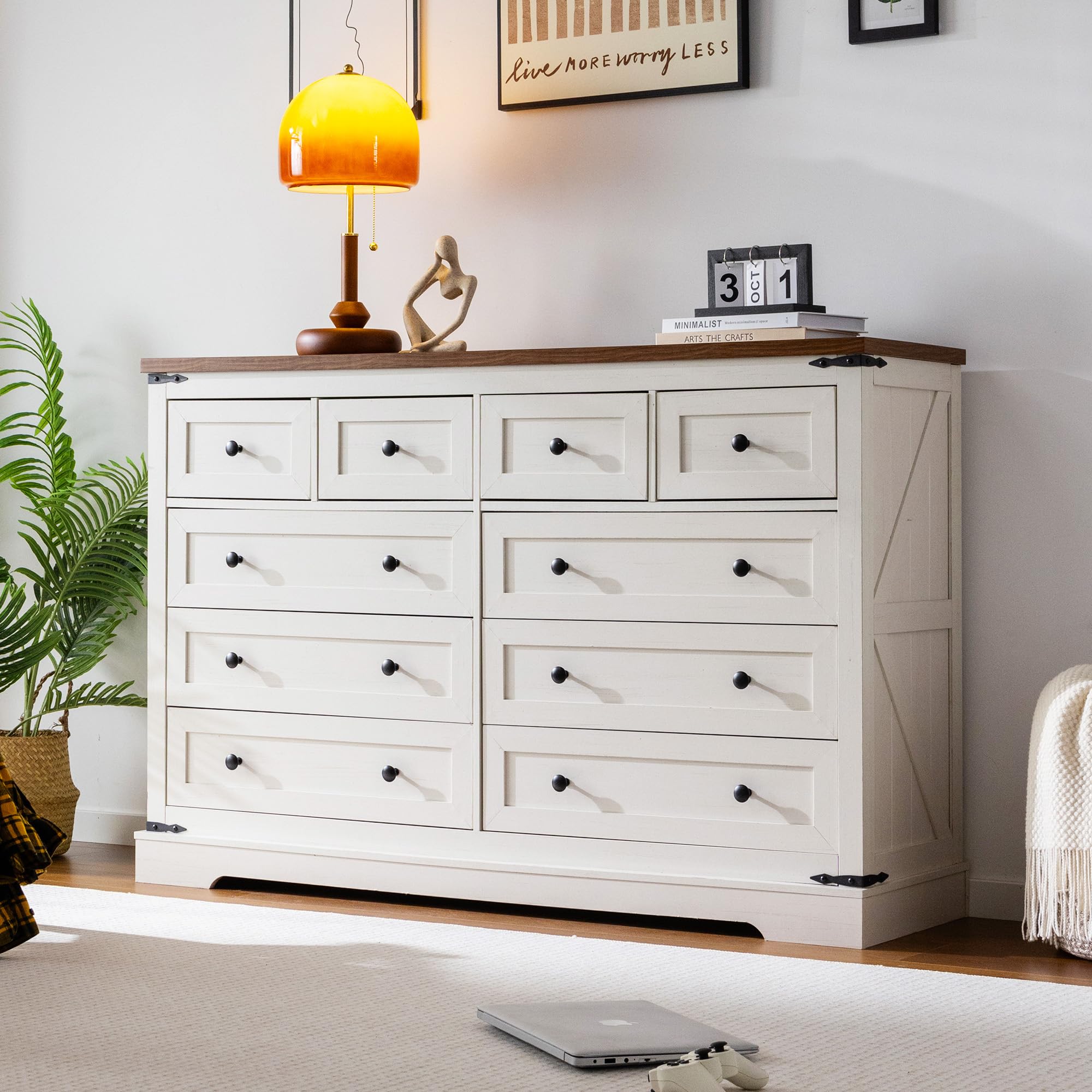 EnHomee White Dresser,10 Drawer Dresser for Bedroom, 55" Wide Dressers & Chest of Drawers for Bedroom,Hallway, Antique White,15" D x 55" W x 35.6" H