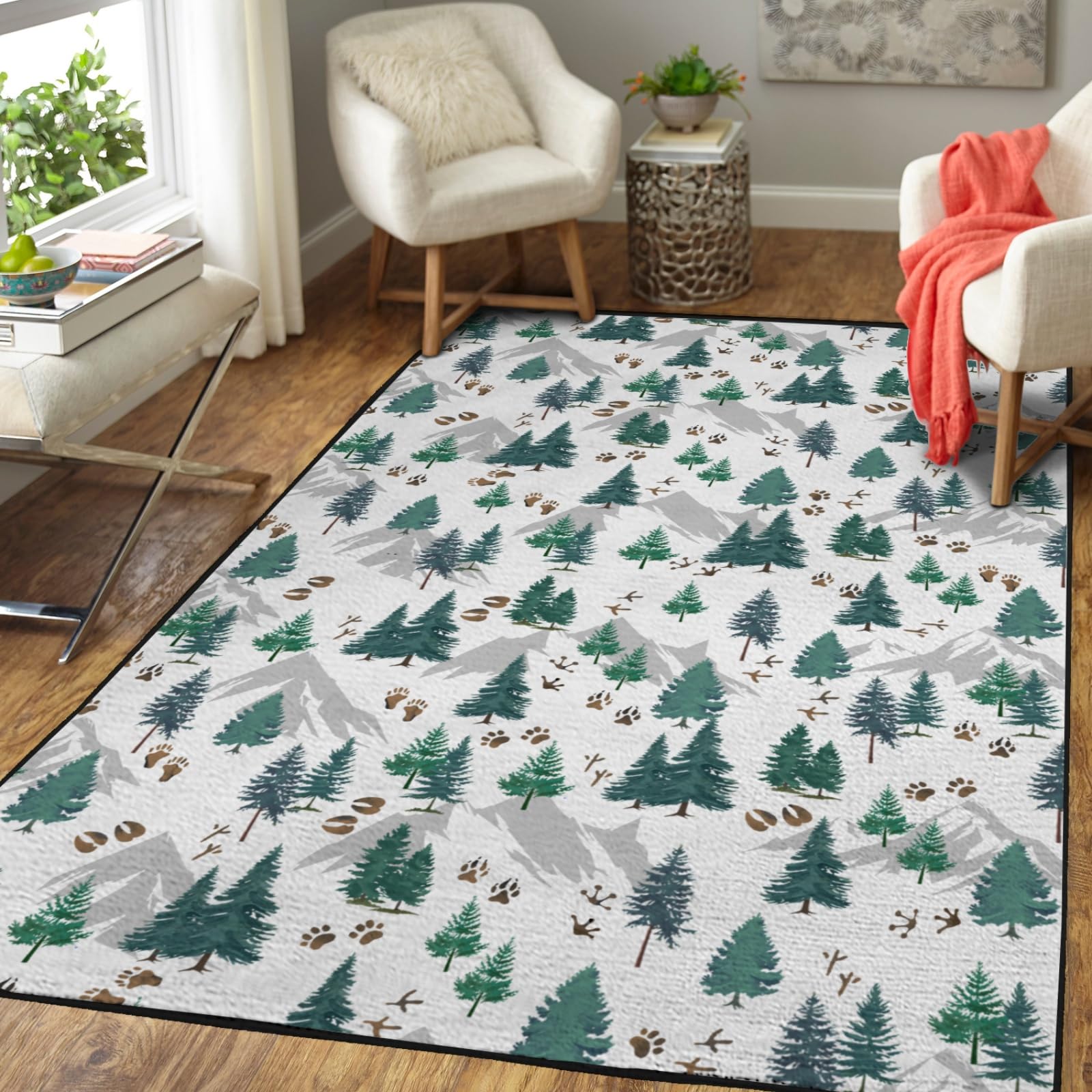 Hwmmbh Green Pine Forest Animals Tracks Area Rugs Woodland Pine Trees Paws Mountain Large Floor Carpet Wild Animal Throw Mat for Living Room Kids Toddler Nursery Bedroom Kitchen Bathroom Rug