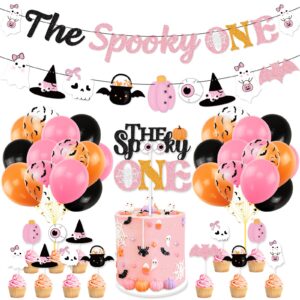 k kumeed pink halloween 1st birthday party decorations,the spooky one banner cute ghost eyeballs pumpkin cake topper and latex balloons for halloween first birthday girls birthday party supplies