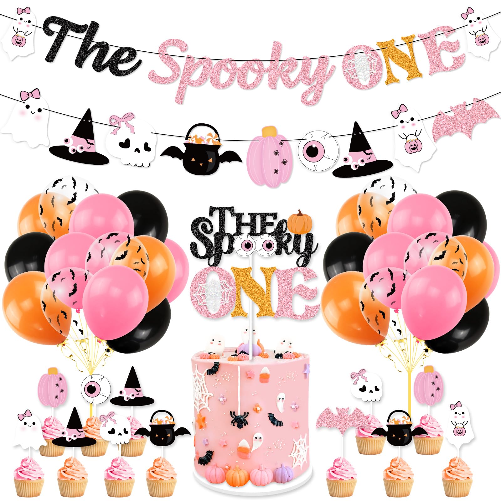 K KUMEED Pink Halloween 1st Birthday Party Decorations,The Spooky One Banner Cute Ghost Eyeballs Pumpkin Cake Topper and Latex Balloons for Halloween First Birthday Girls Birthday Party Supplies