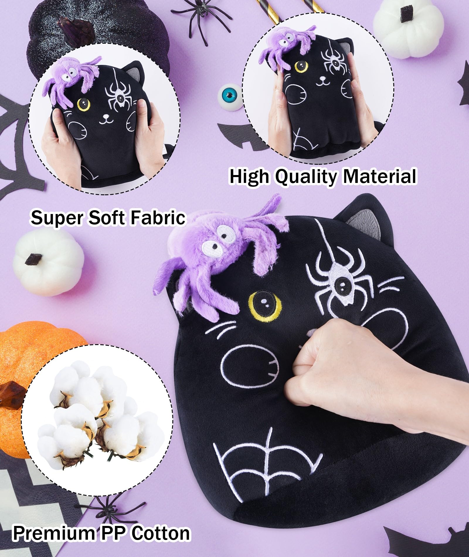 Halloween Plush Cat Stuffed Animals - Black Cats Plush Toys with Purple Spider, Cute Halloween Decor, Kids' Pillow, Gifts for Girls Boys, 8 Inch