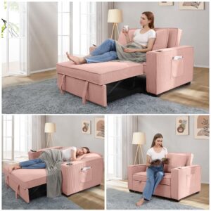 SEJOV 52" Convertible Sofa Bed, 3-in-1 Sleeper Sofa Pull-Out Bed, Multi-Functional Corduroy Futon Couch with Adjustable Backrest and Cup Holders, Loveseat Sofa for Small Space, Living Room, Pink