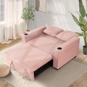 SEJOV 52" Convertible Sofa Bed, 3-in-1 Sleeper Sofa Pull-Out Bed, Multi-Functional Corduroy Futon Couch with Adjustable Backrest and Cup Holders, Loveseat Sofa for Small Space, Living Room, Pink