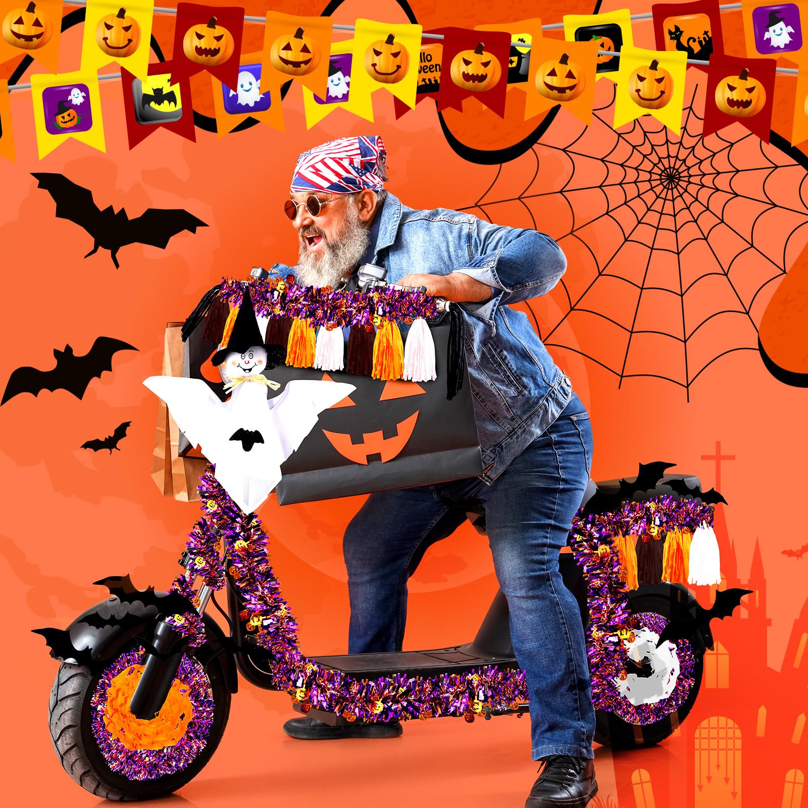 Dispowreath 35 Pcs Halloween Bike Decorations Kit Bike Streamers Tassels Tinsel Garlands White Ghost Pendant Bat Sticker Black Orange and White Crepe Paper for Kids Adult Bicycle Parade Party Favor